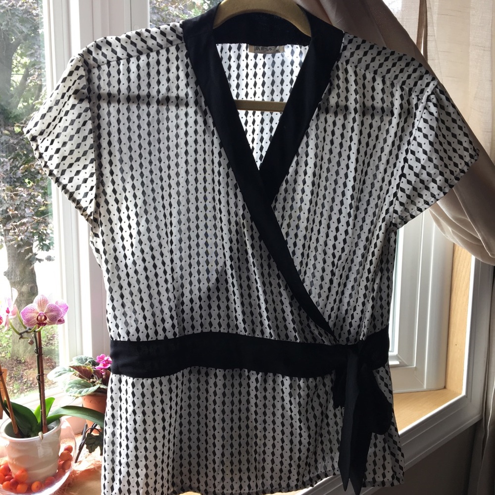 Black and white wrap blouse